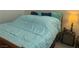 Cozy bedroom featuring a light blue comforter, wood frame bed and side table with lamp at 1463 Evening Song Ave, Henderson, NV 89012