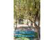 A turquoise bench rests in the shade of a tree in a well-maintained outdoor area of a Las Vegas residential community at 4941 River Glen Dr # 4, Las Vegas, NV 89103