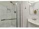 Modern bathroom featuring white subway tile shower and updated fixtures at 517 Hopi Pl, Boulder City, NV 89005