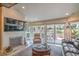 Cozy living room with fireplace, plush seating, and bright natural light streaming through sliding glass doors to patio at 7131 Mission Hills Dr, Las Vegas, NV 89113