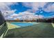 Well-maintained tennis courts with a blue playing surface, surrounded by fencing and lighting for evening play at 5528 Apache Wells Way, Las Vegas, NV 89130