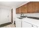 Well-equipped laundry room featuring modern washer and dryer, cabinets, and ample counter space at 5604 Ocean Pines Cir, Las Vegas, NV 89130