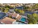 This aerial shot of a home features lush landscaping and a swimming pool at 1229 Triumph Ct, Las Vegas, NV 89117