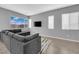 Well-lit living room featuring neutral tones, window blinds, and a comfortable gray sectional at 3192 Timorasso Ave, Henderson, NV 89044