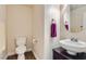 Cozy half-bathroom offers a pedestal sink, neutral color palette and essential fixtures in a compact space at 5916 Sierra Cliff St, North Las Vegas, NV 89031