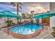 Inviting pool and spa area featuring lush landscaping, rock waterfall, and tranquil ambiance, perfect for entertaining at 8032 Marbella Cir, Las Vegas, NV 89128