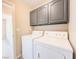 Functional laundry room featuring a white washer and dryer set with gray cabinets above at 172 Cloudcrest Dr, Henderson, NV 89015