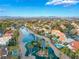 Aerial view of community with a winding pond, palm trees, and beautiful homes at 2221 Glenbrook Way, Las Vegas, NV 89117