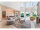 Elegant living room featuring high ceilings, fireplace, and seamless indoor-outdoor flow to the pool area at 2221 Glenbrook Way, Las Vegas, NV 89117