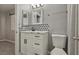 Bathroom featuring a white vanity with marble countertop, a toilet, hexagon tile and a towel bar at 7621 Gosport Ave, Las Vegas, NV 89131