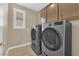 Well-equipped laundry room with modern washer and dryer units and overhead cabinetry at 10792 Crestview Pointe Ave, Las Vegas, NV 89166