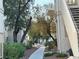 Landscaped pathway between apartment buildings with mature trees and verdant shrubs under a blue sky at 1881 W Alexander Rd # 2095, North Las Vegas, NV 89032