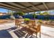 Covered patio with modern outdoor furniture, providing a comfortable space for relaxation and entertainment in a landscaped backyard at 1513 Kirkland Ave, Las Vegas, NV 89102