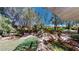 Lush backyard featuring a beautifully landscaped rock garden and mature trees at 2309 Aztec Ruin Way, Henderson, NV 89044