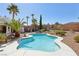 Backyard kidney-shaped pool with desert landscaping, palm trees, and privacy wall at 1019 Amber Gate St, Henderson, NV 89002