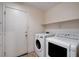Convenient laundry area featuring a washer, dryer, storage shelf, and direct access to the outdoors at 2431 Lilac Cove St, Las Vegas, NV 89135