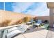 Relaxing backyard oasis with tanning ledge, lounge chairs, lush landscaping, and block wall for added privacy at 8648 Cloverbelle St, Las Vegas, NV 89166