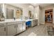 Bright bathroom with double sinks, vanity area, wood-style flooring, and access to walk-in closet at 4772 Se Argent Hills Ave, Pahrump, NV 89061