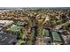 Aerial view showcasing lush landscaping, tennis courts, residences, and golf course in this desert community at 8112 Golfers Oasis Dr, Las Vegas, NV 89149