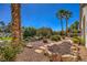 Lush backyard with beautiful desert landscaping, stone walkway, and tall palm trees at 1363 Rolling Sunset St, Henderson, NV 89052