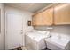 Bright laundry room featuring modern washer, dryer, sink and ample storage cabinets for convenience at 1363 Rolling Sunset St, Henderson, NV 89052