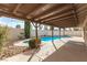 Enjoy the backyard pool view from the covered patio with landscape and stone details at 436 Concord Way, Henderson, NV 89015