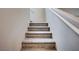 Carpeted staircase leading to the upper level of the home with white handrails at 11092 Abbeyfield Rose Dr, Henderson, NV 89052