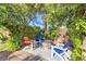 Inviting backyard patio with a stone fire pit and colorful Adirondack chairs at 8620 Cremona Dr, Las Vegas, NV 89117