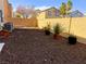 Mulched backyard with colorful potted plants against a block wall, creating a peaceful outdoor space at 9746 Brooks Lake Ave, Las Vegas, NV 89148