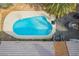 Aerial view of a backyard swimming pool featuring a sun deck and patio furniture, surrounded by palm trees and desert landscaping at 6320 Vicuna Dr, Las Vegas, NV 89146