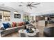 Bright, open living room with tile floors, backyard access, and modern decor that seamlessly combines kitchen and dining areas at 9417 Churchill Downs Dr, Las Vegas, NV 89117