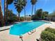 Backyard pool featuring diving board, pool-side seating and lush tropical landscaping at 2428 Greens Ave, Henderson, NV 89014