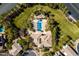 Aerial view showcasing the pool, community landscaping, and surrounding homes in a desirable neighborhood at 3829 Hawkeye Falls Ave, North Las Vegas, NV 89085