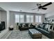 Inviting living room featuring plantation shutters, modern furniture, wood floors and contemporary decor at 3829 Hawkeye Falls Ave, North Las Vegas, NV 89085