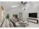 Light-filled living room boasts vaulted ceilings, skylights, a ceiling fan, a fireplace, and neutral paint at 4156 Broadriver Dr, Las Vegas, NV 89108