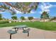 Relaxing outdoor space featuring picnic tables and lush greenery, ideal for Gathering gatherings at 8624 Burning Hide Ave, Las Vegas, NV 89143
