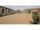 Spacious desert-landscaped backyard, bordered by a wall and black iron fence with mountain views at 127 Crimson Cactus Ave, Henderson, NV 89011