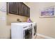 Clean laundry room equipped with white washer and dryer and storage cabinets at 2246 Cassatt Dr, Henderson, NV 89074