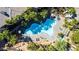 Aerial view of a uniquely shaped pool, lounge chairs, and lush palm trees in desert landscaping at 7155 S Durango Dr # 303, Las Vegas, NV 89113