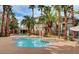 Outdoor pool with a shallow tanning area, towering palm trees, seating and lush landscaping at 7155 S Durango Dr # 303, Las Vegas, NV 89113