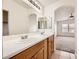 Bathroom vanity with double sinks and large mirror, providing access to the bedroom and toilet/shower area at 8787 Roping Rodeo Ave # 101, Las Vegas, NV 89178
