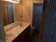 Bright bathroom featuring a double sink vanity, framed mirror, and toilet area behind a shower curtain at 8070 Pavarotti Ave, Las Vegas, NV 89178