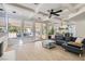 Open concept living room with hardwood floors, recessed lighting and access to the outdoor pool area at 8324 Slate Harbor Cir, Las Vegas, NV 89128