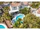Aerial view showcases covered patio, pristine pool and spa amidst lush landscaping at 1600 Windsford Cir, Las Vegas, NV 89117