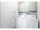 A functional laundry room with a washer, dryer, storage cabinets, and a white door, offering convenience and organization at 3141 Pinehurst Dr # C, Las Vegas, NV 89109
