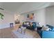 Cozy living room features neutral walls and tiled floors with comfortable blue sofa and chair at 3151 Soaring Gulls Dr # 2113, Las Vegas, NV 89128
