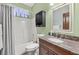 Bathroom featuring a shower/tub combo, granite countertop, and ample counter space at 6116 Golden Saddle St, Las Vegas, NV 89130