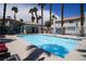 Sparkling community pool surrounded by palm trees and lounge chairs for relaxation and recreation under the sunny sky at 8160 Autumn Star Ave, Las Vegas, NV 89145