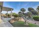 This backyard is beautifully landscaped with lush greenery, a covered patio, and well-manicured trees at 10235 Tresor Ct, Las Vegas, NV 89135