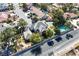 A beautiful aerial view of a suburban home with a sparkling pool and surrounding neighborhood, showcasing its prime location at 3111 Coachlight Cir, Las Vegas, NV 89117